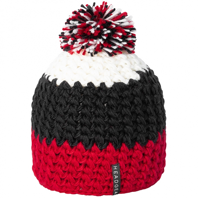 Häkelmütze mit Bommel rot/weiß/schwarz